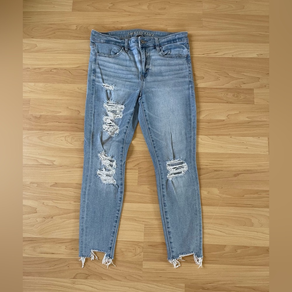 American Eagle Outfitters Light Blue Distressed Skinny Jeans — Frayed Hem
